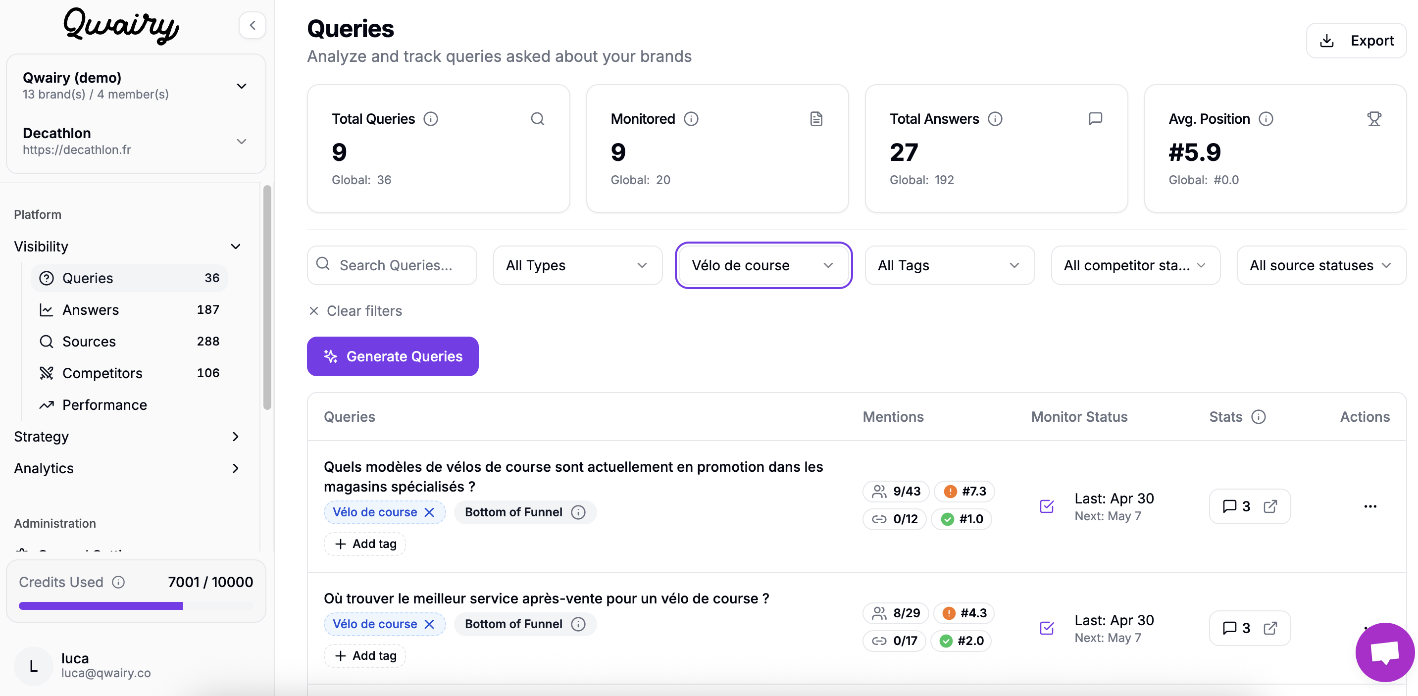 Qwairy dashboard ChatGPT sources
