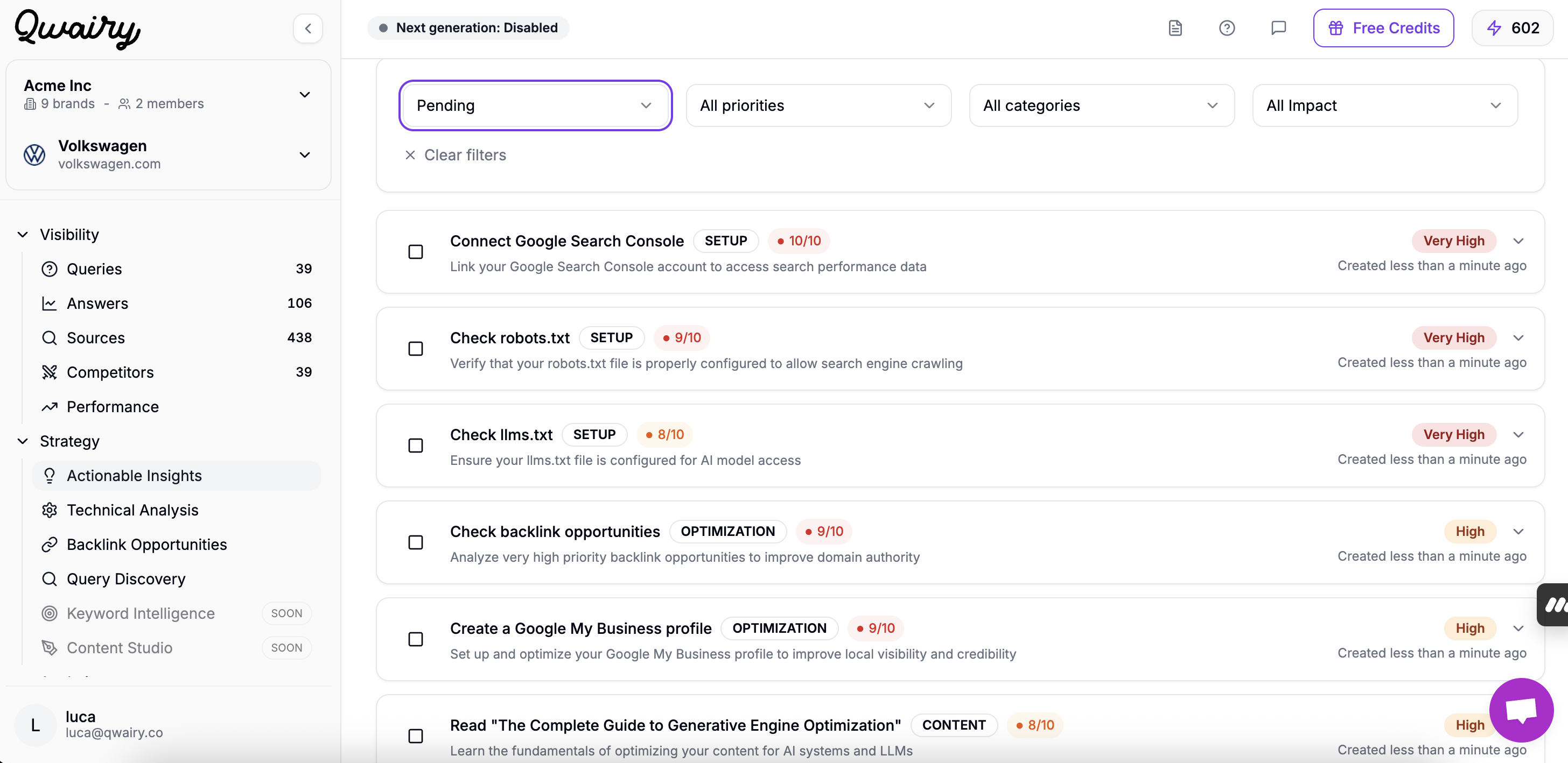 Qwairy actionable insights