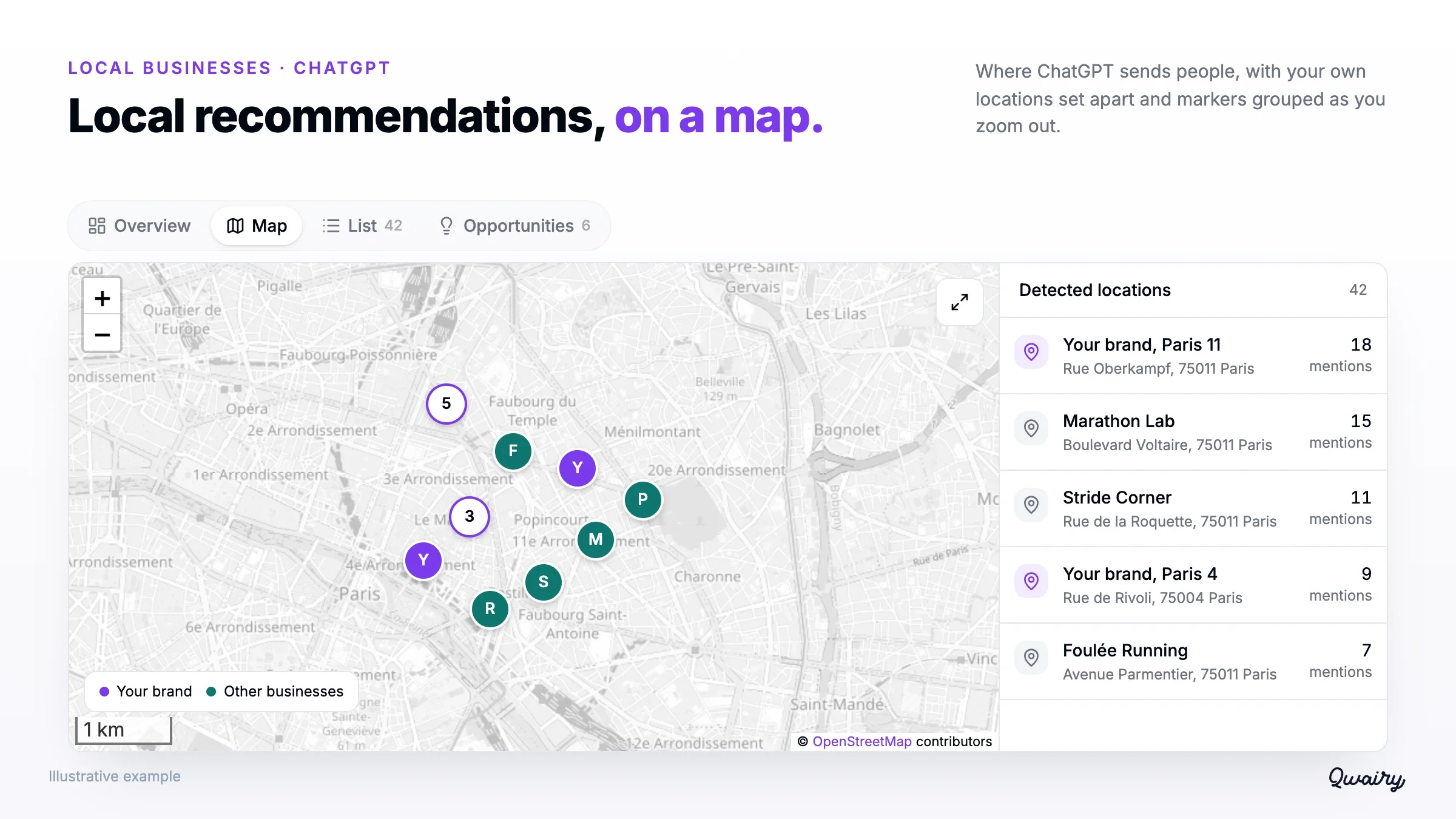 The Map view of Local Businesses: places recommended by ChatGPT, your own locations in purple and grouped markers, next to the list of detected locations