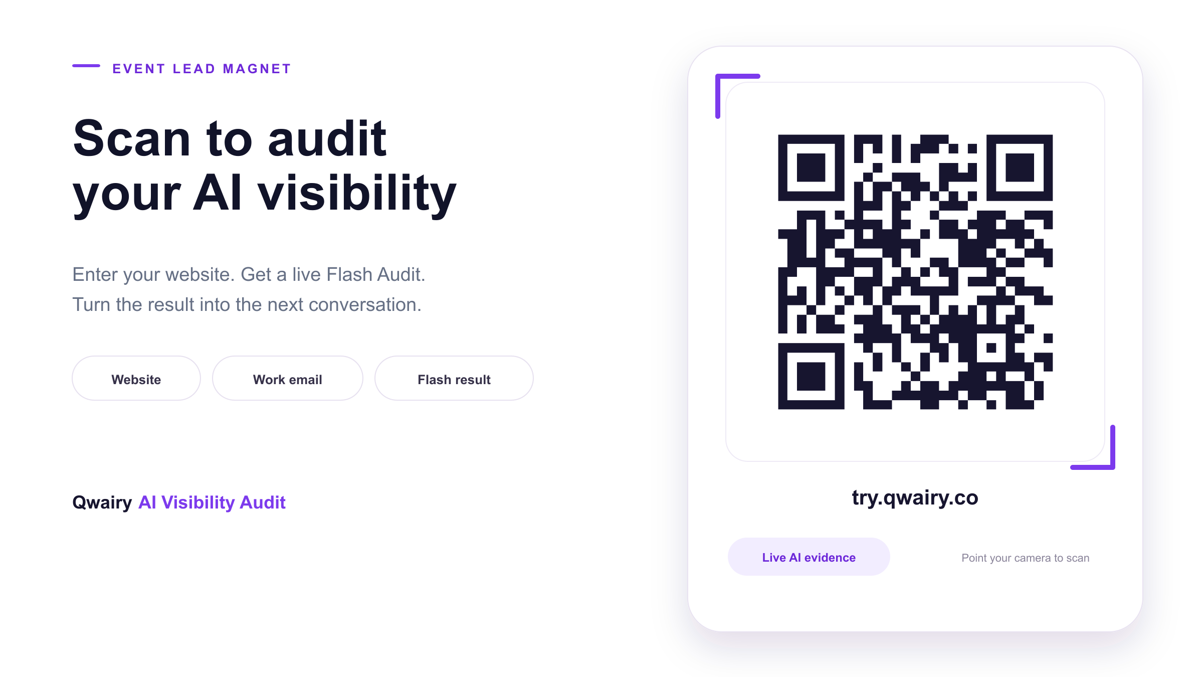 Scannable event QR code opening the Qwairy public AI visibility audit